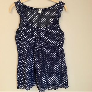 Navy Sleeveless Polka Dot Shirt Ruffled Hem Small